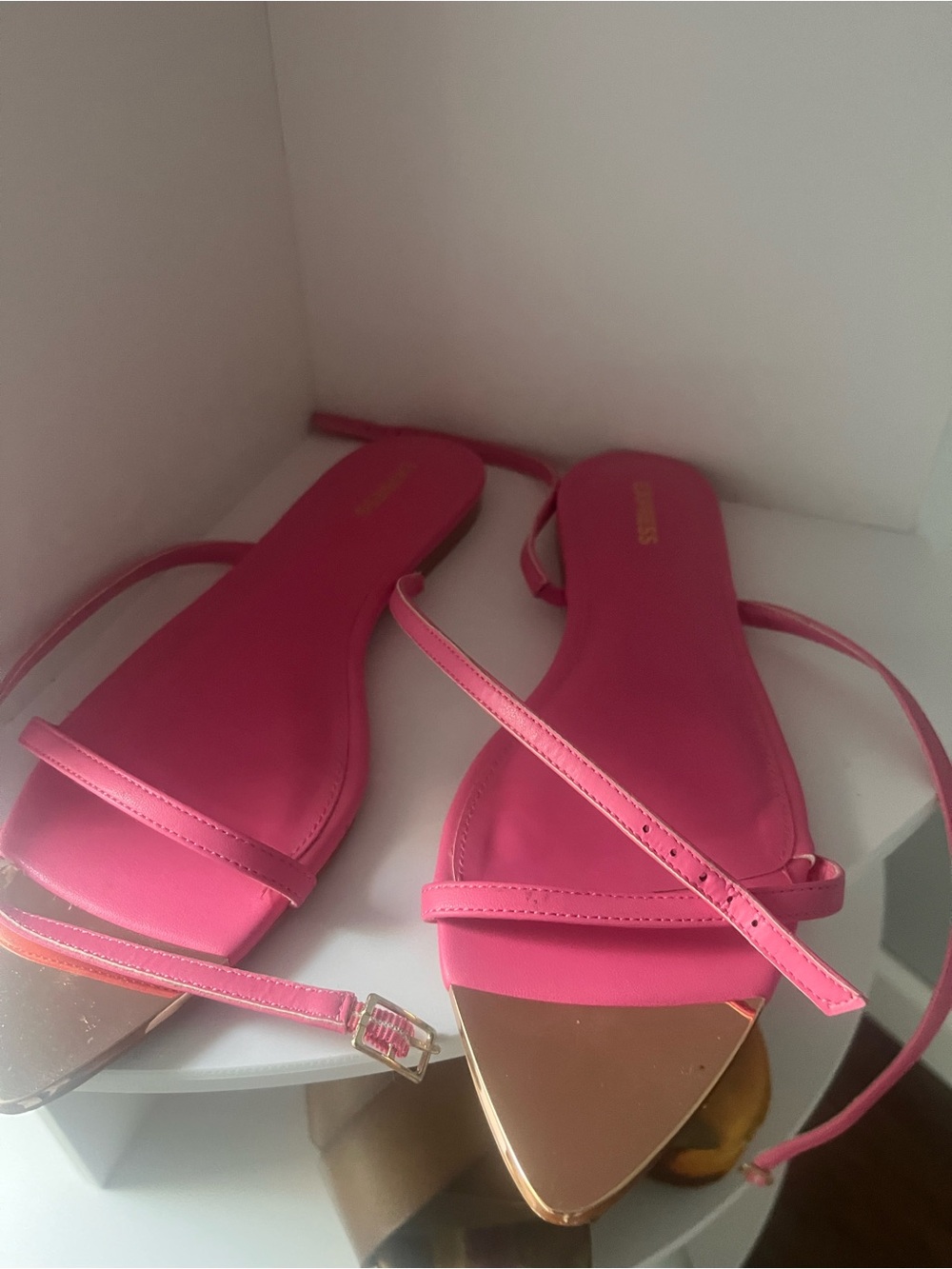 Express Hot Pink Pointed-Toe Ankle-Strap Sandals with Gold Cap
